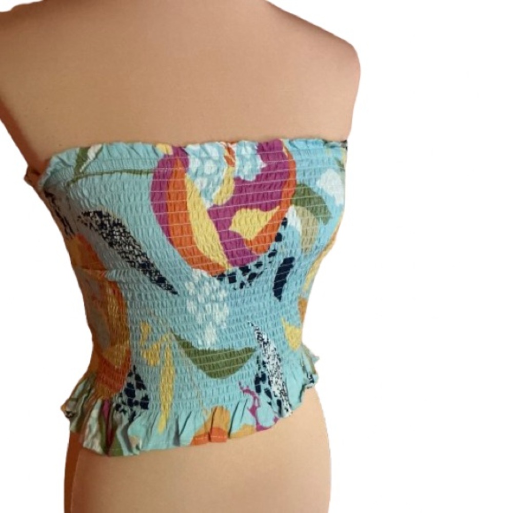 Angie Colorful Op Art Smocked Strapless Top
